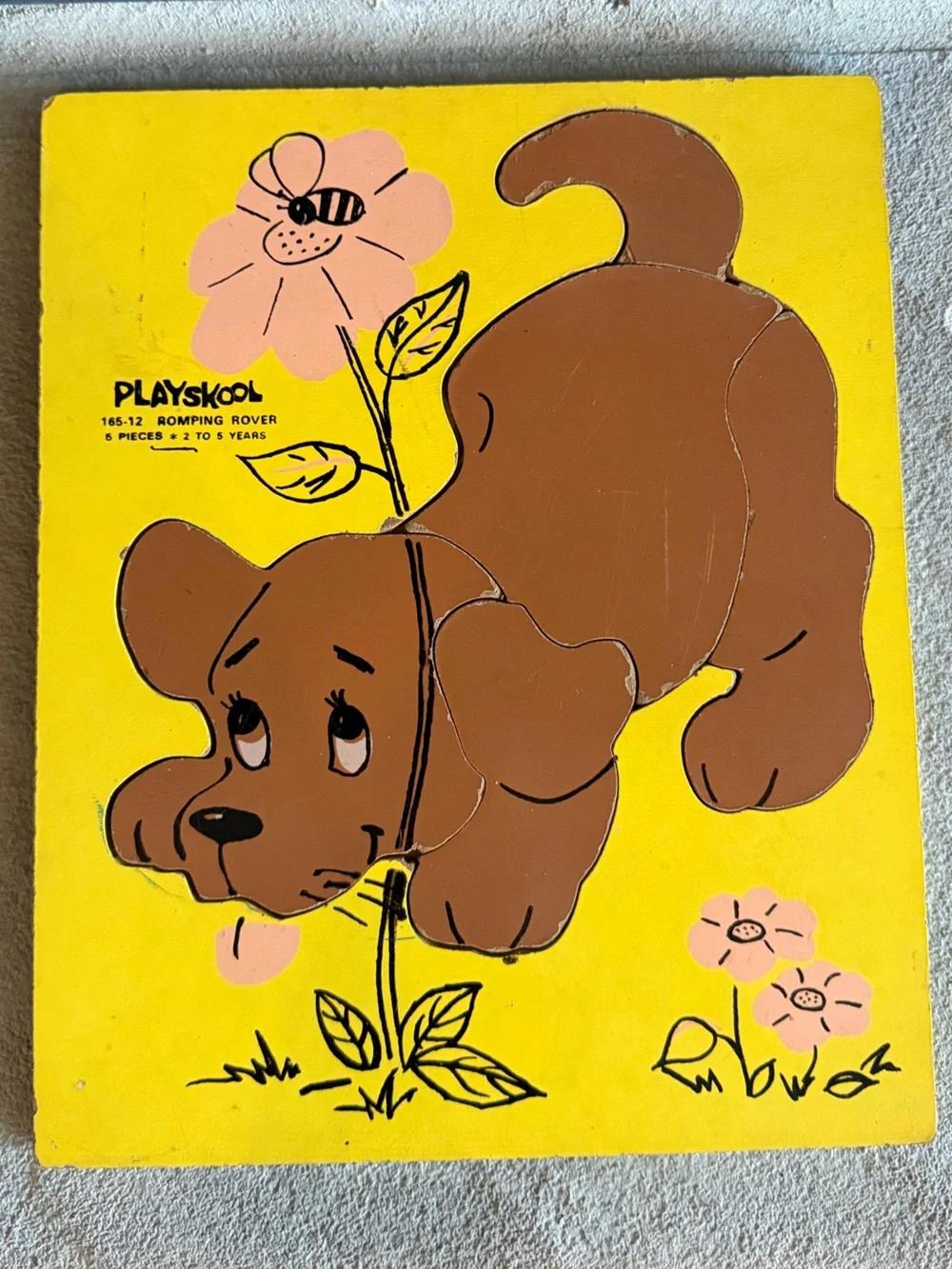 Vintage 1970s Playskool Romping Rover 5 Piece Wooden Tray Puzzle 165-1 Puppy/Bee